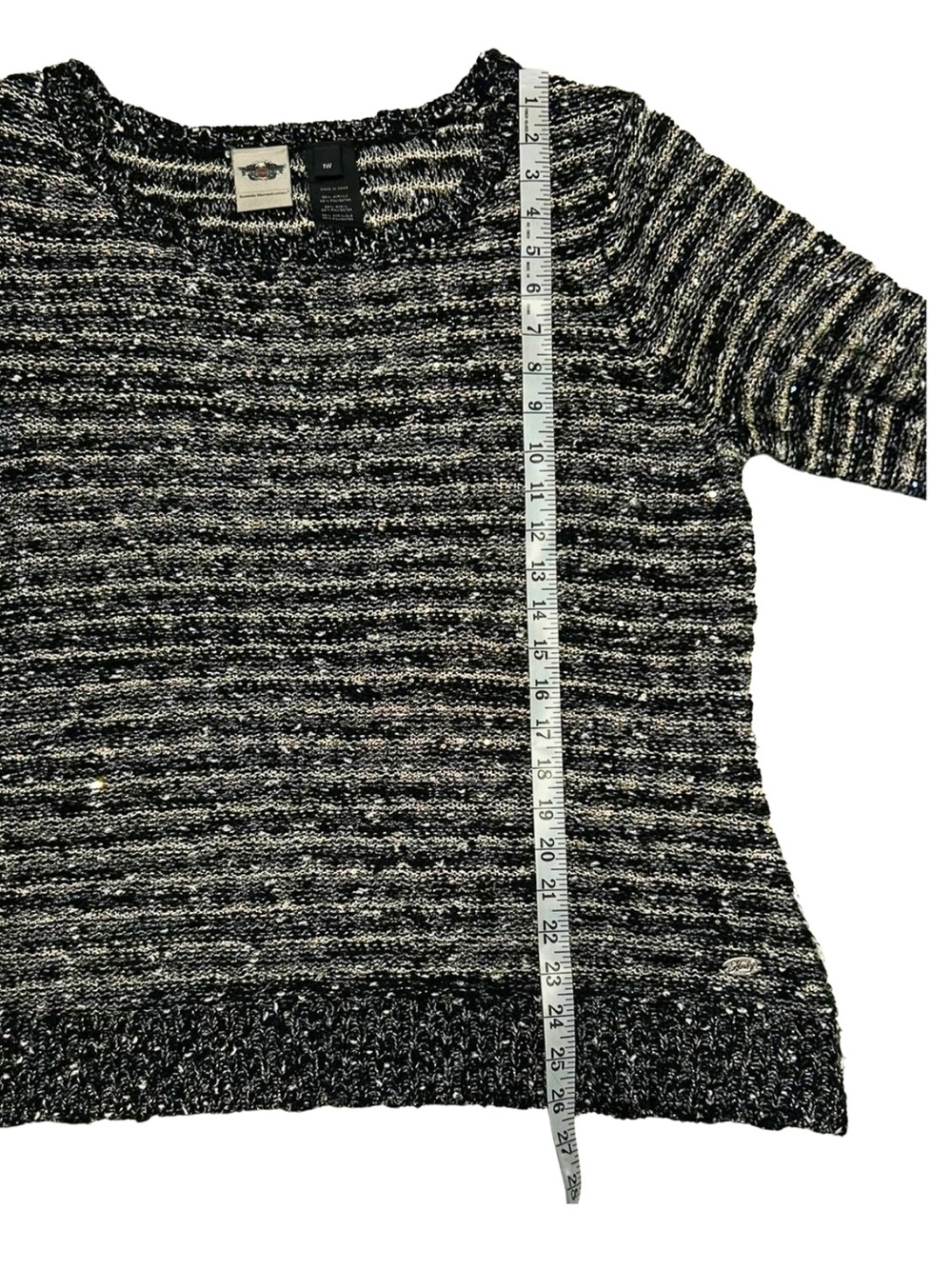 Harley-Davidson 1W Metallic Sequin Striped Knit Sweater Black Ivory - Picture 5 of 7